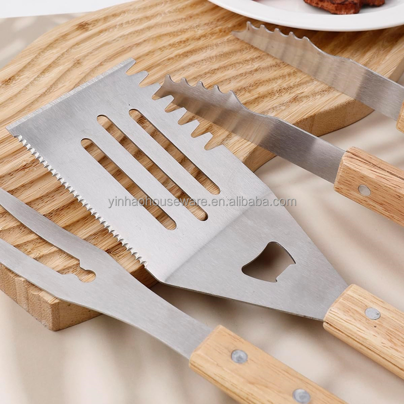 3-Piece Stainless Steel BBQ Tool Set with Wooden Handles — product detail 2 | YinHao Houseware