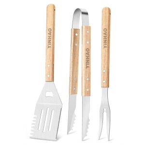 3-Piece Stainless Steel BBQ Tool Set with Wooden Handles | YinHao Houseware