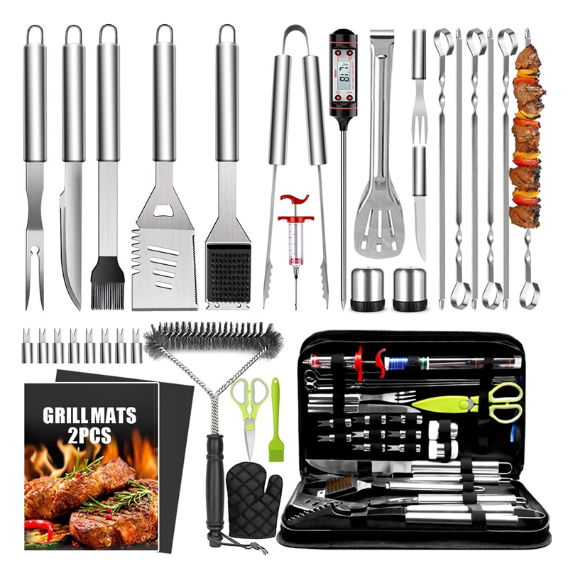 34-Piece Stainless Steel BBQ Tool Set with Thermometer, Grill Mats | YinHao Houseware