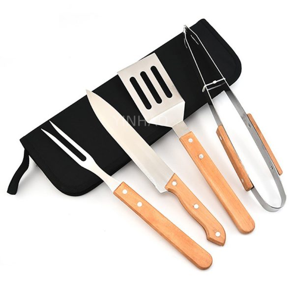 4-Piece Professional Stainless Steel BBQ Tool Set with Wooden Handles — product image 1