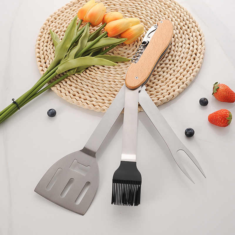 Stainless Steel BBQ Tool Set with Wooden Handles, 5-in-1 Multi-Tool — product detail 2 | YinHao Houseware