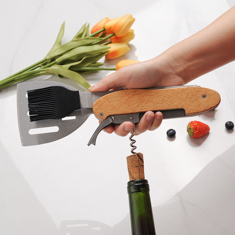 Stainless Steel BBQ Tool Set with Wooden Handles, 5-in-1 Multi-Tool — product detail 4 | YinHao Houseware