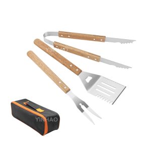 3-Piece Stainless Steel BBQ Tool Set with Wooden Handles, Carry Bag | YinHao Houseware