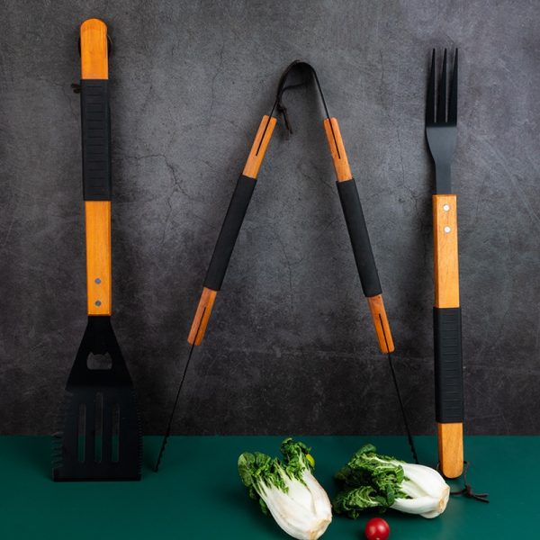 3-Piece Heavy-Duty Stainless Steel BBQ Tool Set with Wooden Handles — product image 4
