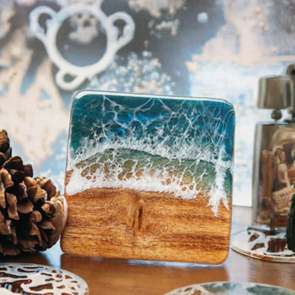 Ocean wave epoxy resin and wood coaster